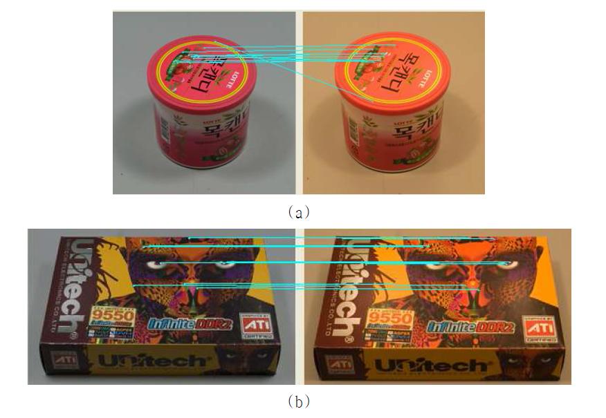 다른 광원 하에서 칼라 불변 값의 적용 결과; (a) 8/10 매칭, (b) 8/10 매칭