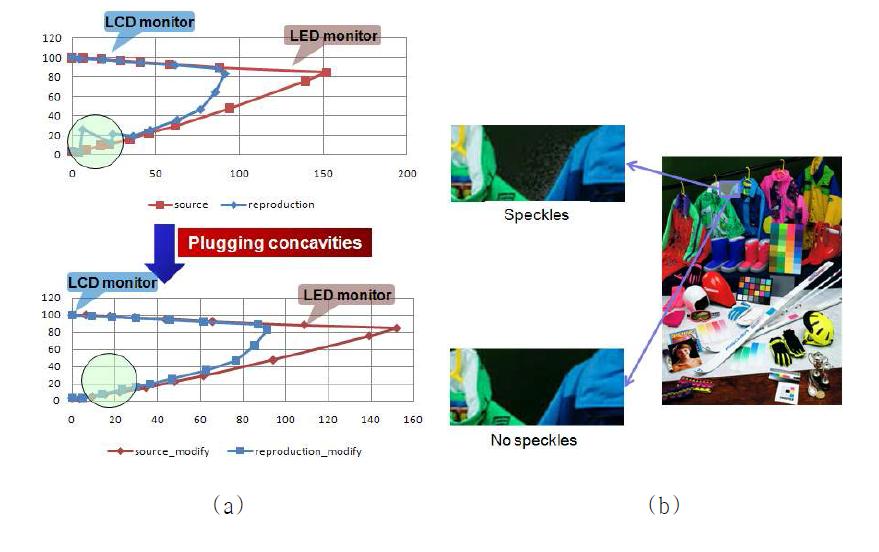 LED모니터와 LCD 모니터 사이 색역 사상 결과 영상 (a) 2차원 색역 평면 (b) 결과 영상 비교