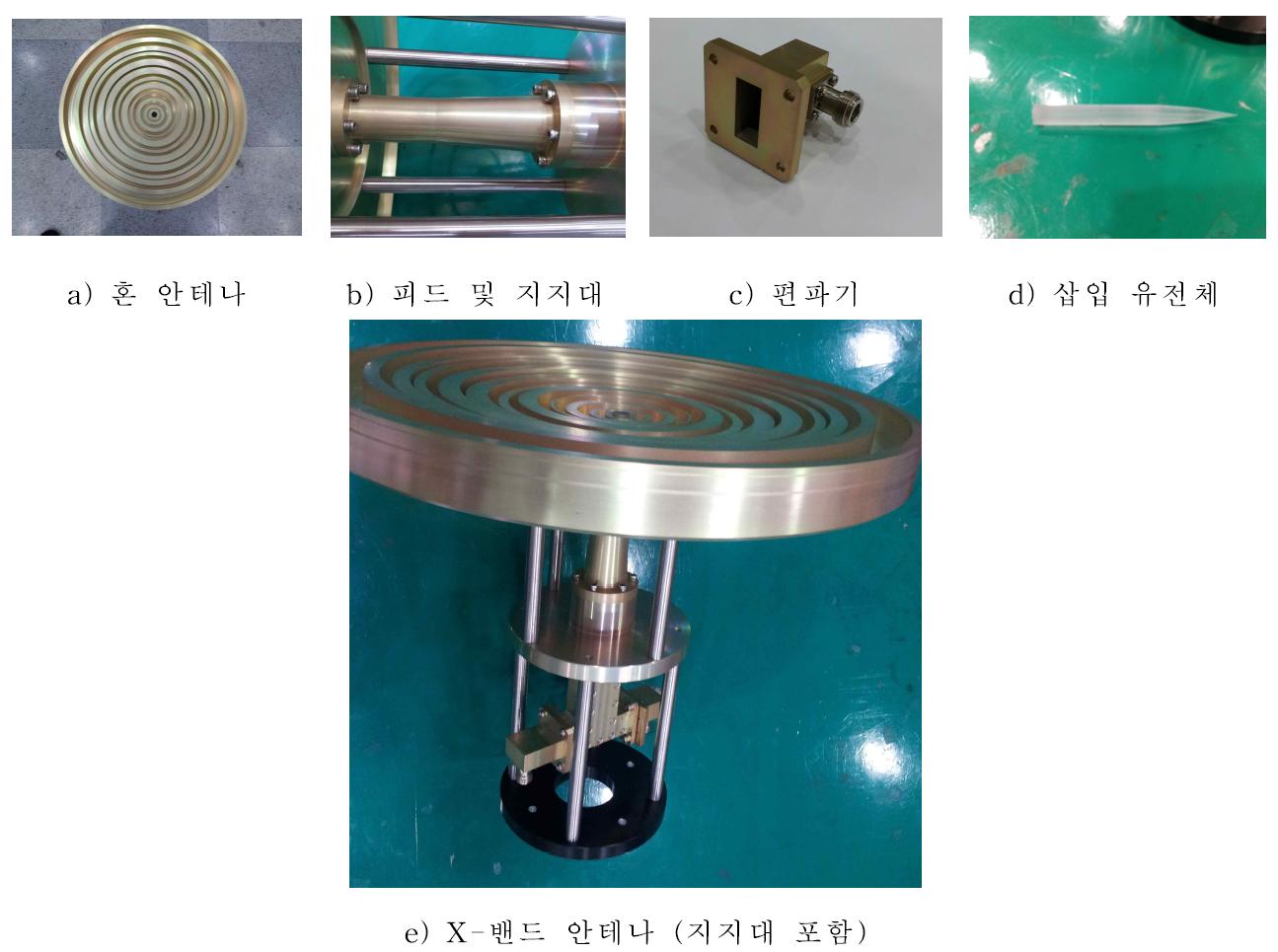 제작된 X-밴드 안테나 및 부품