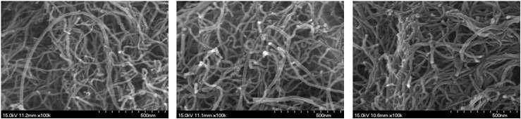 다중벽 탄소나노튜브를 나타내는 SEM 사진 (왼쪽부터 초임계 유체처리 전, 톨루엔을 함께 사용하여 초임계 유체 처리한 고분자 나노 복합체 FE-SEM이미지, 순수 초임계 유체 처리만 한 고분자 나노 복합체 FE-SEM