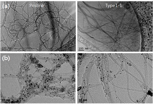 초임계 처리 전(왼쪽)/후(오른쪽)의 (a) Cryo-EM 과 (b) FE-TEM