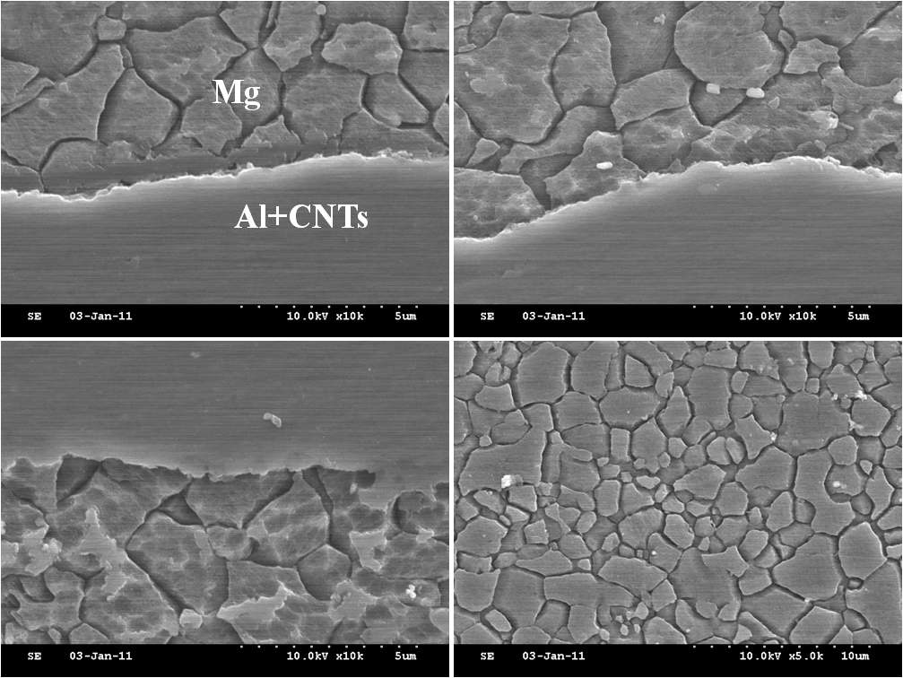 반복접합압연(RRB) 공정 후 Mg/Al/CNTs 복합재료 시편의 TD면의 SEM Images.