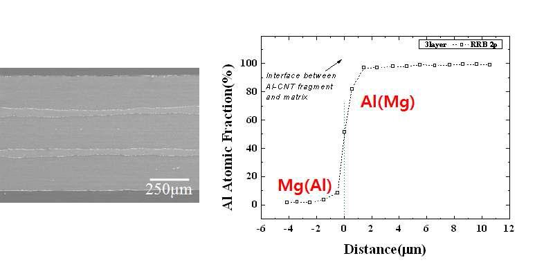 RRB 2passes 시편의 TD면의 미세구조, Mg 기지와 Al-CNTs 계면의 Al 조성분석.
