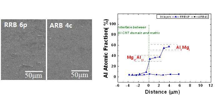 RRB 6passes 와 ARB 4cycles 후 시편의 TD면의 미세구조와 Mg 기지, Al-CNTs fragments 계면의 Al 조성분석.