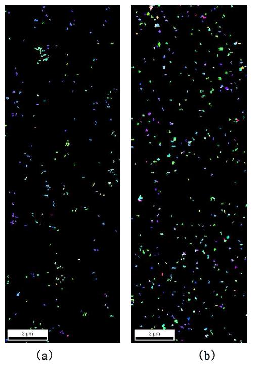 Cu-3vol.% CNT composites 시편의 graphite(CNT) maps (a) 등속압연시편, (b) 이속압연 시편