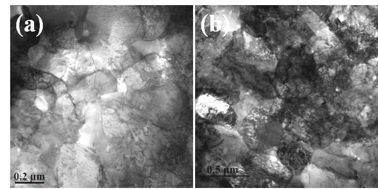 Milled Cu 분말로 제조된 (a)등속압연, (b)이속압연 시편의 TEM Image.