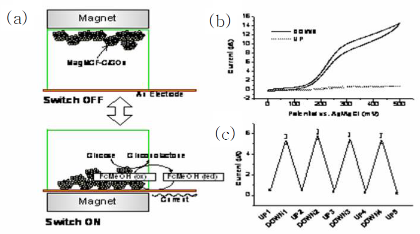 (a) 자석으로 분리가 가능한 나노세공성 탄소 (Mag-MCF-C)에 GO를 고정화한 후 자석을 이용 한 bio-electrocatalytic 장치의 작동 원리.