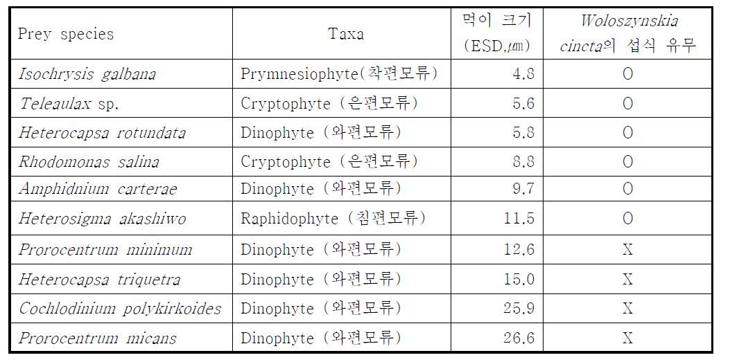 와편모류인 Wloszynskia cincta의 다양한 먹이종류에 대한 섭식 유무