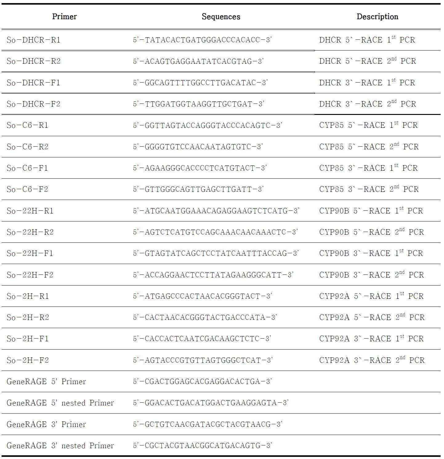5' & 3' RACE PCR에 사용한 primer의 염기서열