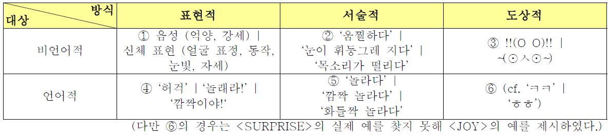 감정 표현의 기술 대상 및 방식: 의 예