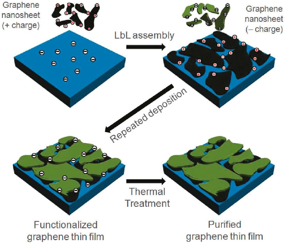 정전기적 인력의 다층박막 적층기술을 이용한 그래핀 다층 박막 형성공정의 모식도