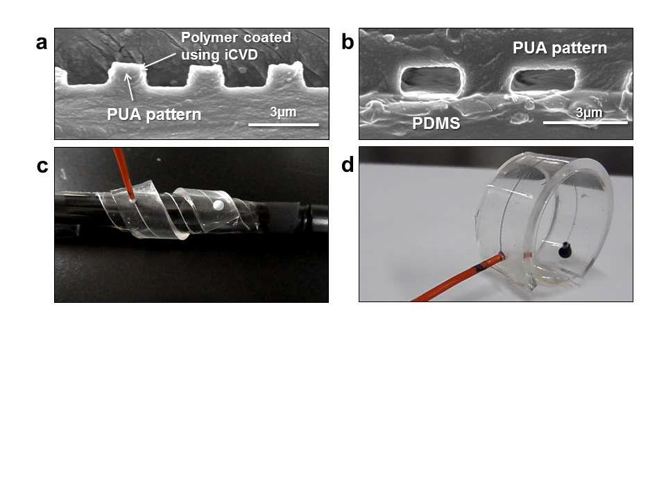 (a) PGMA가 코팅 된 PUA 패턴의 단면 SEM 이미지 (b) PUA 패턴과 PDMS를 iCVD 공정을 사용하여 부착시킨 샘플의 단면 SEM 이미지