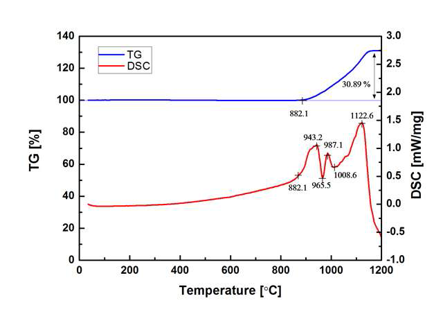 GdBCO 2세대 고온초전도 선재의 TG/DSC 분석 결과 (1기압 air 분위기).