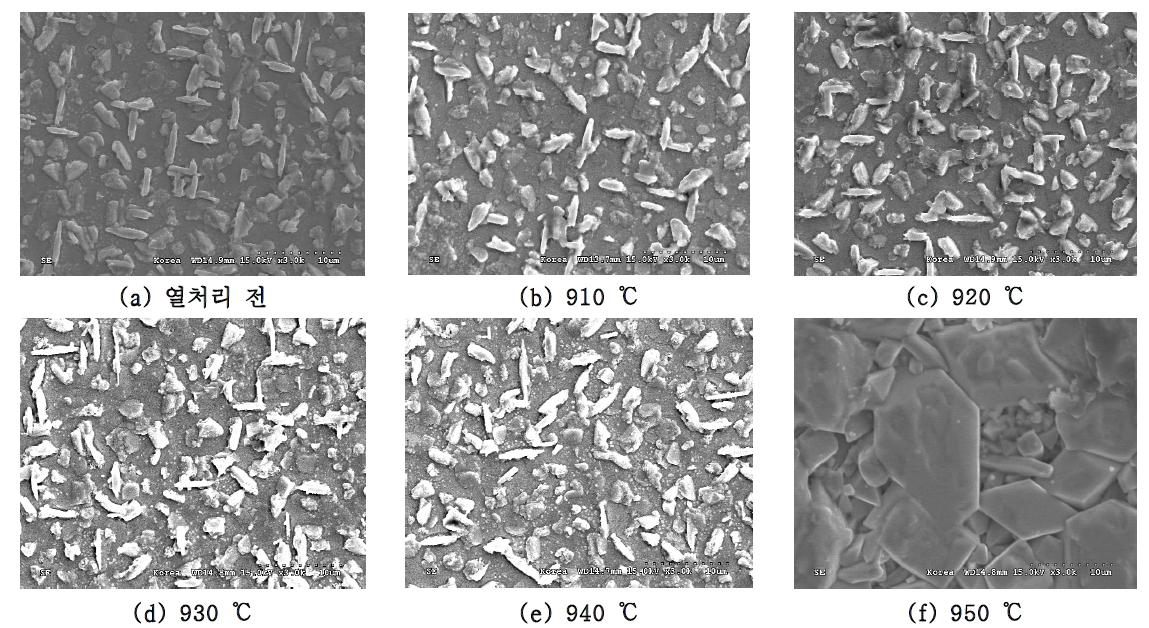 산소가압 조건이 2 atm 일 때 열처리 전과 910 ℃부터 950 ℃까지 10 ℃ 간격으로 1분간 열처리한 GdBCO 초전도 층 표면에서의 SEM 사진.