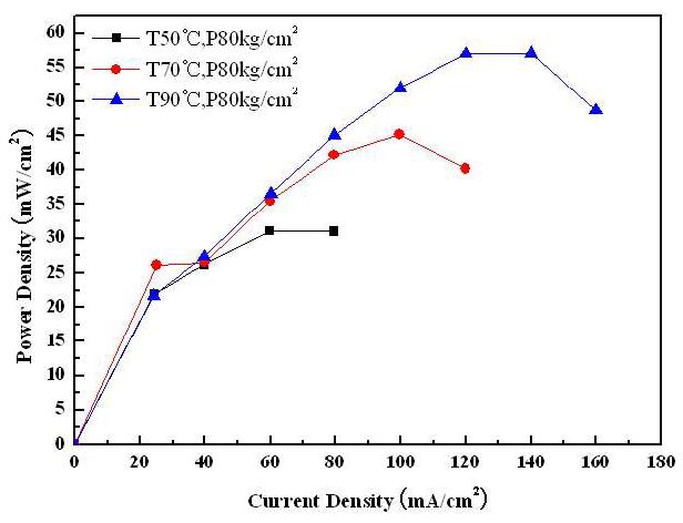 ETFE50-g-PVBTMA51 막의 Hot press 온도에 따라 제작한 MEA의 전력밀도 곡선