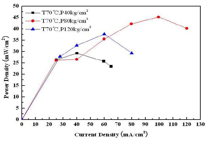 ETFE50-g-PVBTMA51 막의 Hot press 압력에 따라 제작한 MEA의 전력밀도 곡선