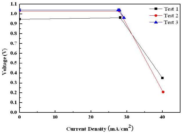 ETFE50-g-PVBTMA51 막을 이용하여 Catalyst coated membrane(CCM)방식으로 제작한 MEA의 분극곡선