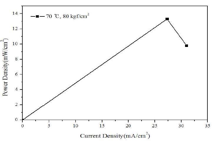 상용 음이온교환막(FAA)의 액체 혼합연료를 사용한 MEA의 전력밀도 곡선