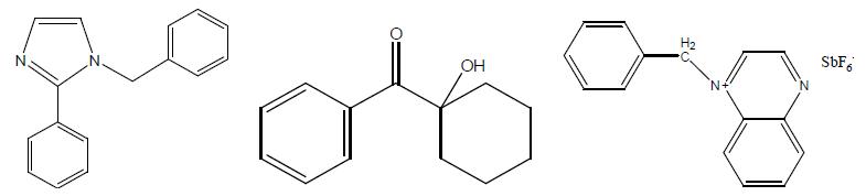 Curing agents. 왼쪽부터 1B2PZ (1-benzyl-2-phenylimidazole), Irgacure 184 (α-Hydroxyketone), N-BQH (N-Benzylquinoxalinium Hexafluoroantimonate).