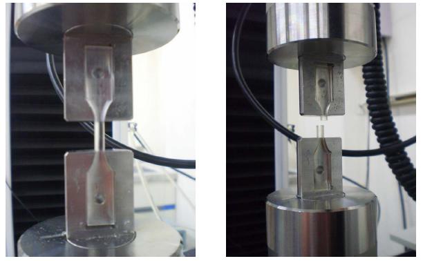 인장 시편 측정 용 Jig. 측정 전 (좌), 측정 후 (우).
