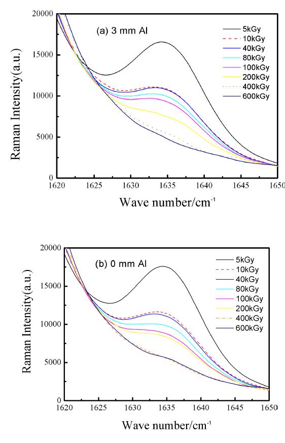 3 mm 두께의 알루미늄판으로 시료를 전자빔으로부터 막은 경우 (왼쪽)와 가림막이 없는 경우 (오른쪽) 20 kGy 전자빔을 조사한 시료의 Raman 분석법을 이용한 경화도 분석 결과.