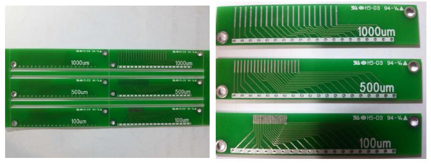 본 연구에 사용된 1000, 500, 100㎛ 피치의 회로기판 모습.