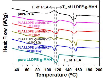 다양한 전자빔 조사조건에서 조사된 PLA/LLDPE-g-MAH 블랜드들의 시차열량계(DSC) 열분석도(thermogram).