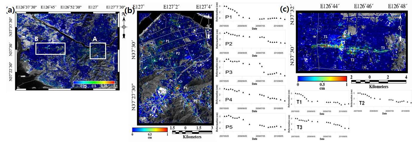 (a) 429/740 궤도 ALOS 레이더 위성으로부터 관측된 2007년-2010년 사이의 지표변위도. (b) A 강남구 일대의 확대된 지표변위도와 주요 침하 지점(P1~P5)에서 침하 진행도. (c) B 부평구 일대의 확대된 지표변위도와 주요 침하 지점(T1~T3) 지점에서 침하 진행도.