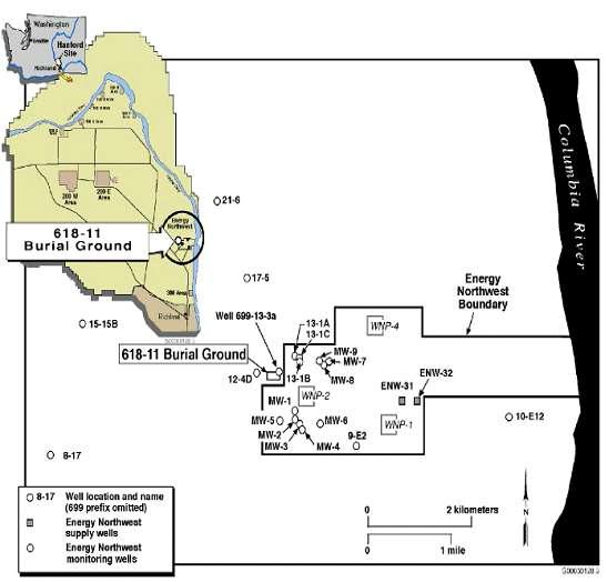 Groundwater well locations in the vicinity of the 618-11 burial ground.