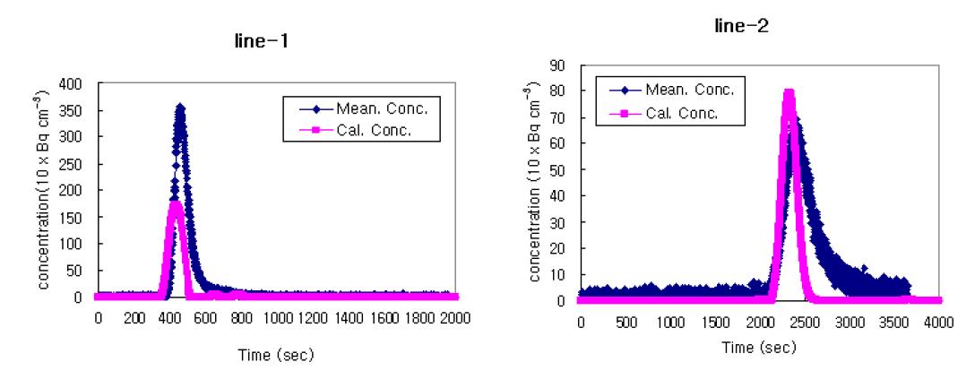 Expt-2의 2차원 해석해를 이용한 관측농도와 계산 농도분포