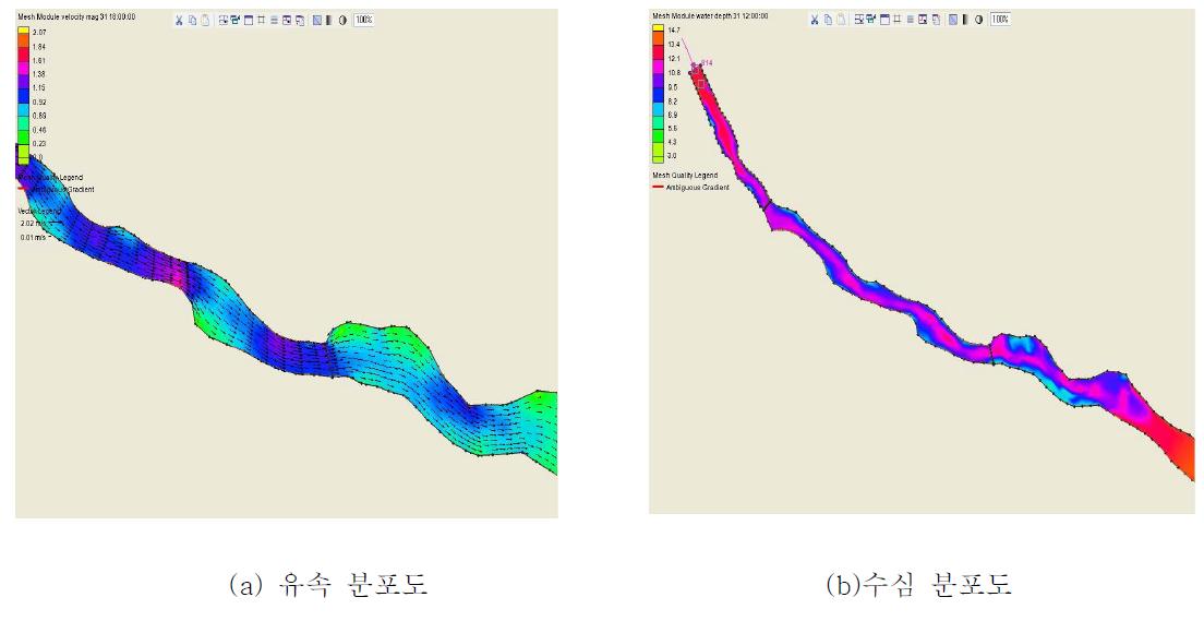유속 분포도 및 수심 분포도