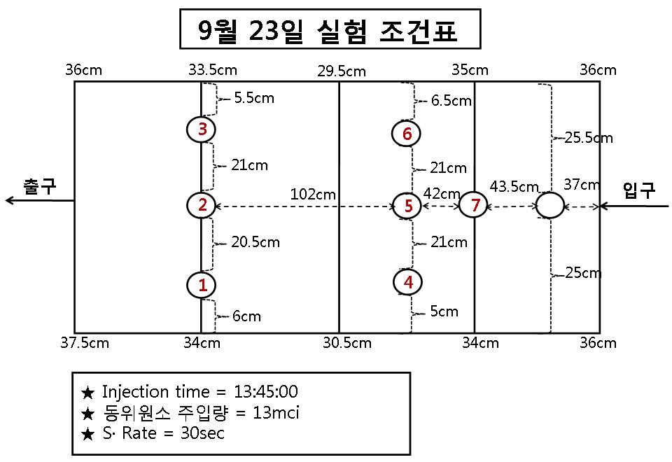 추적자 실험을 위한 gamma ray 검출기 위치도 및 조건표