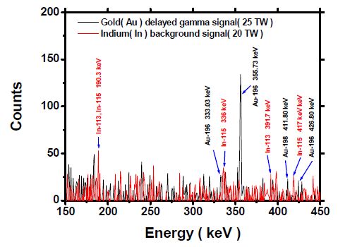 그림 3-190. C8D8 타겟을 사용한 금과 인듐의 지연감마선 신호 비교