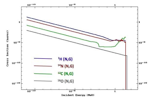 그림 3-222. H, N, C, O 등 원소에 대해서 중성자와의 반응단면적을 중성 자 에너지의 함수로 나타낸 그림