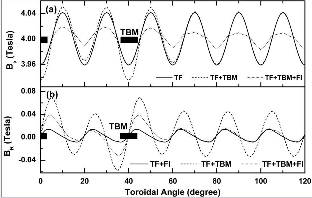 TBM 및 FI가 존재할 경우 토로이달 각도에 따른 토로이달 (a)및 주반경 방향 자기장의 변화