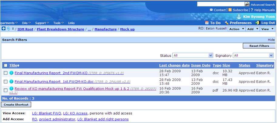 IO의 IDM(ITER Database Management) 시스템 등재 현황