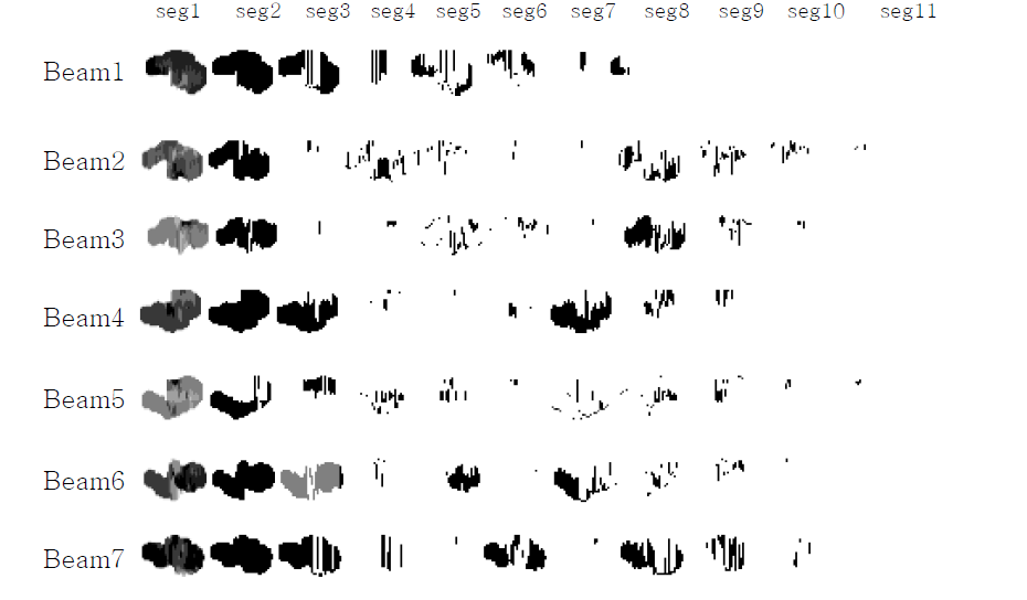 개발된 leaf sequencing 프로그램으로 얻어진 전립선 IMRT의 beam 별 segments. 좌측: intensity level 10으로 변형된 intensity map. 위로부터 순서대로 7, 11, 9, 8 10, 9, 10 segment 만에 주어진 intensity map을 전달할 수 있음.