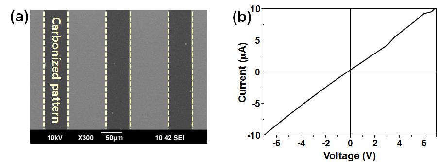 3 x 1015 ions/cm2의 이온빔 조사량에서 형성된 PAN 패턴를 탄화 시킨 후의 SEM 사진(a)과 탄화된 패턴들의 I-V 그래프(b).