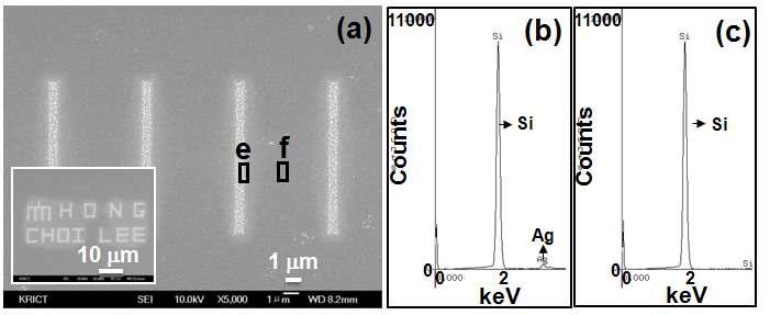 500 μC/cm2의 전자빔 조사량에서 형성된 PVP/은 나노입자 패턴들을 350 oC의 온도에서 열처리한 후의 SEM 사진(a)과 EDX 스팩트럼((b)와 (c)).