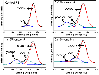 다양한 이온주입조건에서 제조한 PE-g-PAAc의 XPS 스펙트럼.