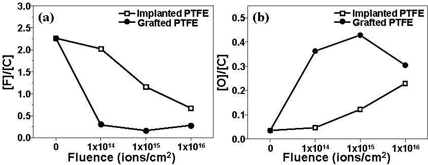 XPS 분석을 통해 얻어진 이온주입량에 따른 이온주입된 (implanted)것과 폴리아크릴산이 그라프트된(grafted) PVDF 표면의 [F]/[C] (a)와 [O]/[C] 원소비 (b)의 변화.