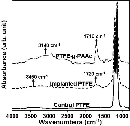 이온주입한 PTFE (implanted PTFE)와 폴리아크릴산이 그라프트된 PVDF (PTFE-g-PAAc)의 FT-IR 스펙트럼