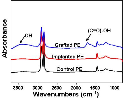 이온주입한 PE(implanted PE)와 폴리아크릴산이 그라프트된 PE (PE-g-PAAc)의 FT-IR 스펙트럼