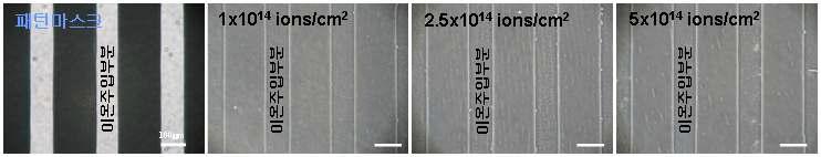 다양한 이온주입량에서 형성된 Pluronic 패턴들의 광학현미경 사진.