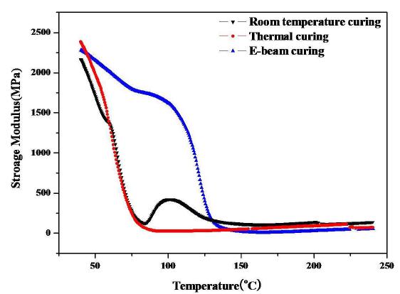 그림 4-11. Comparison of the storage modulus(E' ) curves depending on the curing methods