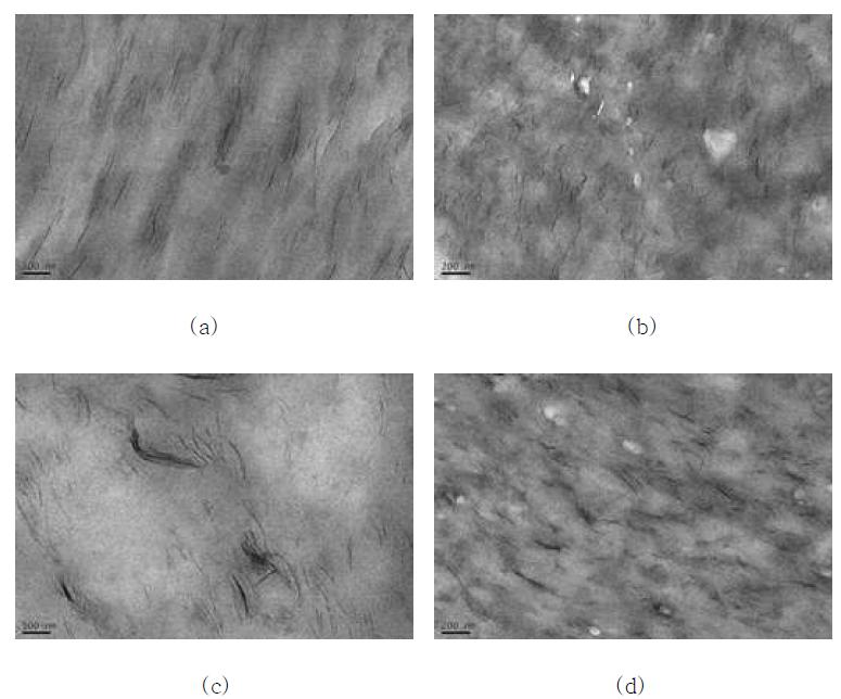 그림 8-37. TEM images of PA/clay nanocomposites with (a, b) and without (c, d) sonication before e-beam irradiation
