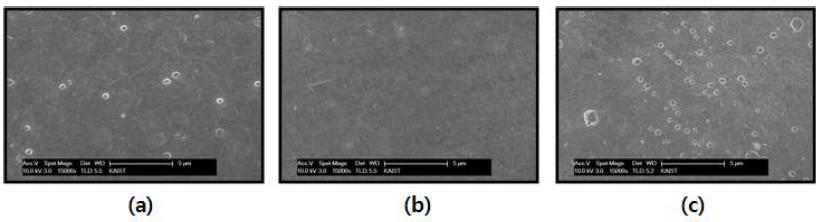 그림 8-68. FE-SEM images of 150 kGy electron beam irradiated HDPE/α-Al2O3 composites using solution blending : α-Al2O3 concentration; (a) 1 wt%, (b) 2 wt%, and (c) 3 wt%, respectively