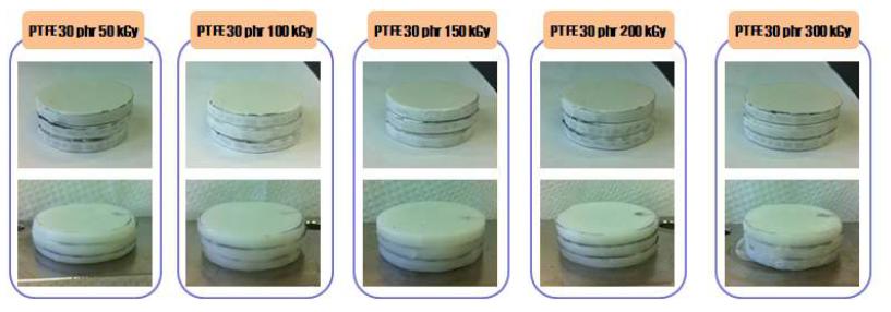 그림 10-36. 전자선 흡수선량에 따른 PTFE 30 phr 함량 EPDM/PTFE 열가소성 엘 라스토머의 압축영구줄음률 실험 전후 비교 사진.