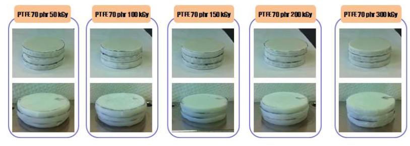 그림 10-38. 전자선 흡수선량에 따른 PTFE 70 phr 함량 EPDM/PTFE 열가소성 엘 라스토머의 압축영구줄음률 실험 전후 비교 사진.