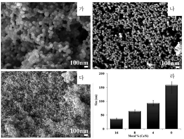 CaO 첨가량에 따른 나노다공성 생체활성유리 입자크기 변화; 가. Ca4,나. Ca8, 다. Ca16, 라, 첨가량에 따른 나노입자 크기변화 비교